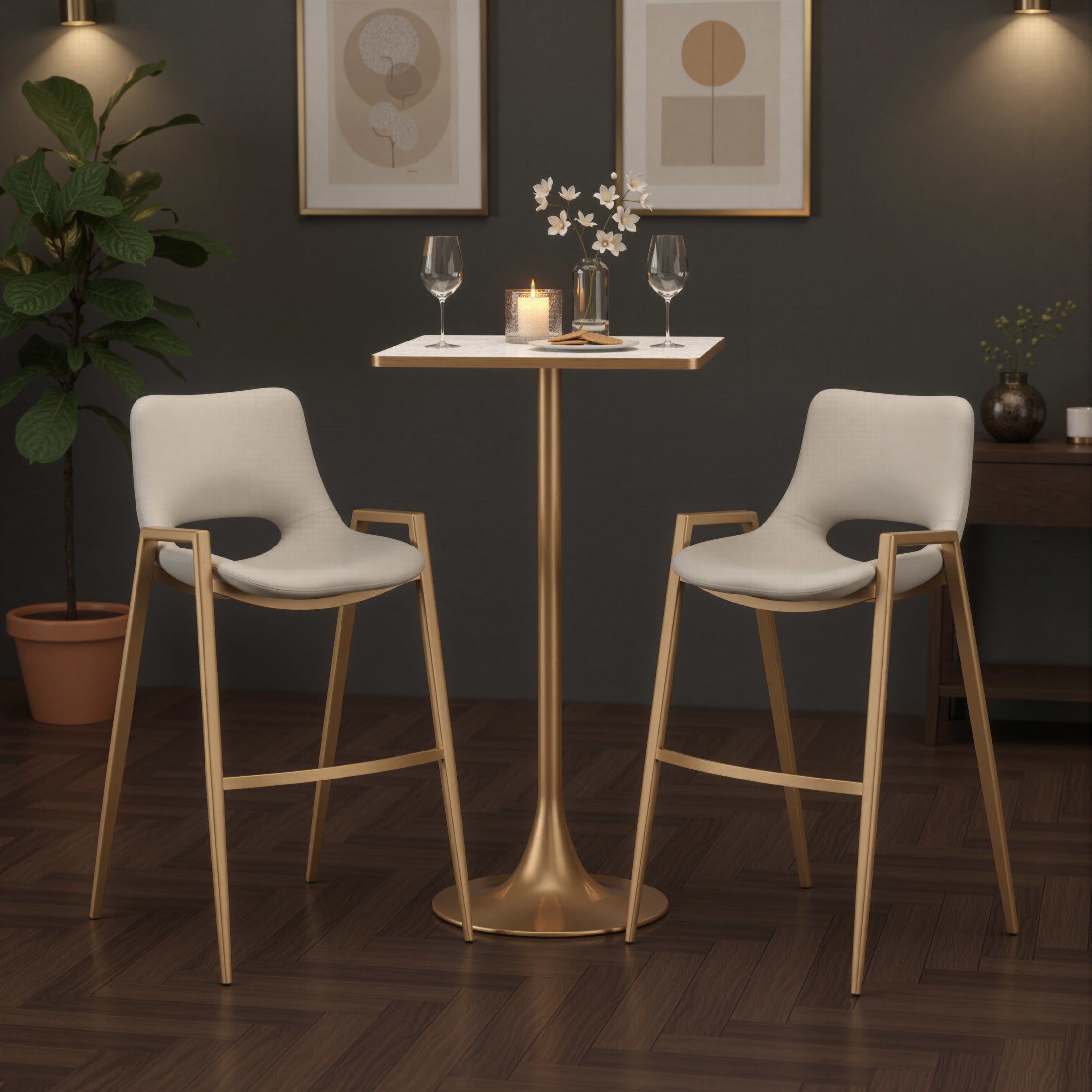 Desi Barstool (Set of 2) Beige & Gold