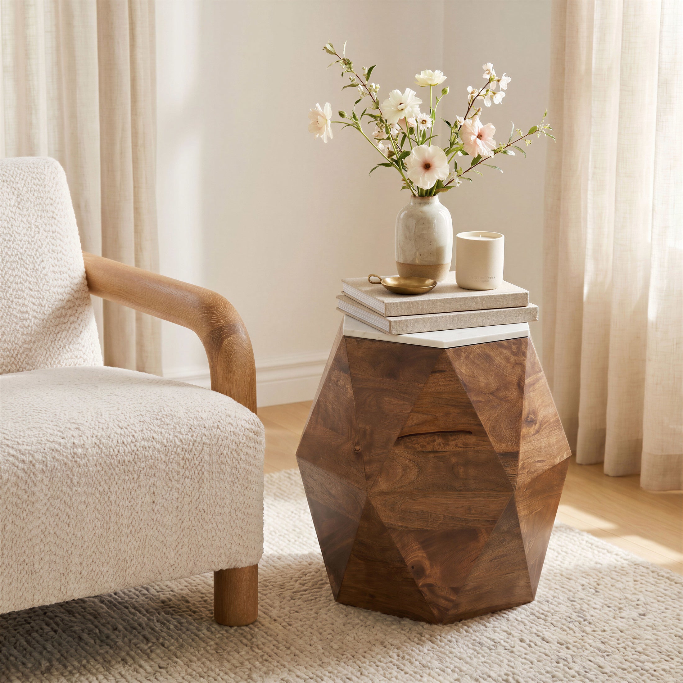 Bisel Side Table White & Walnut