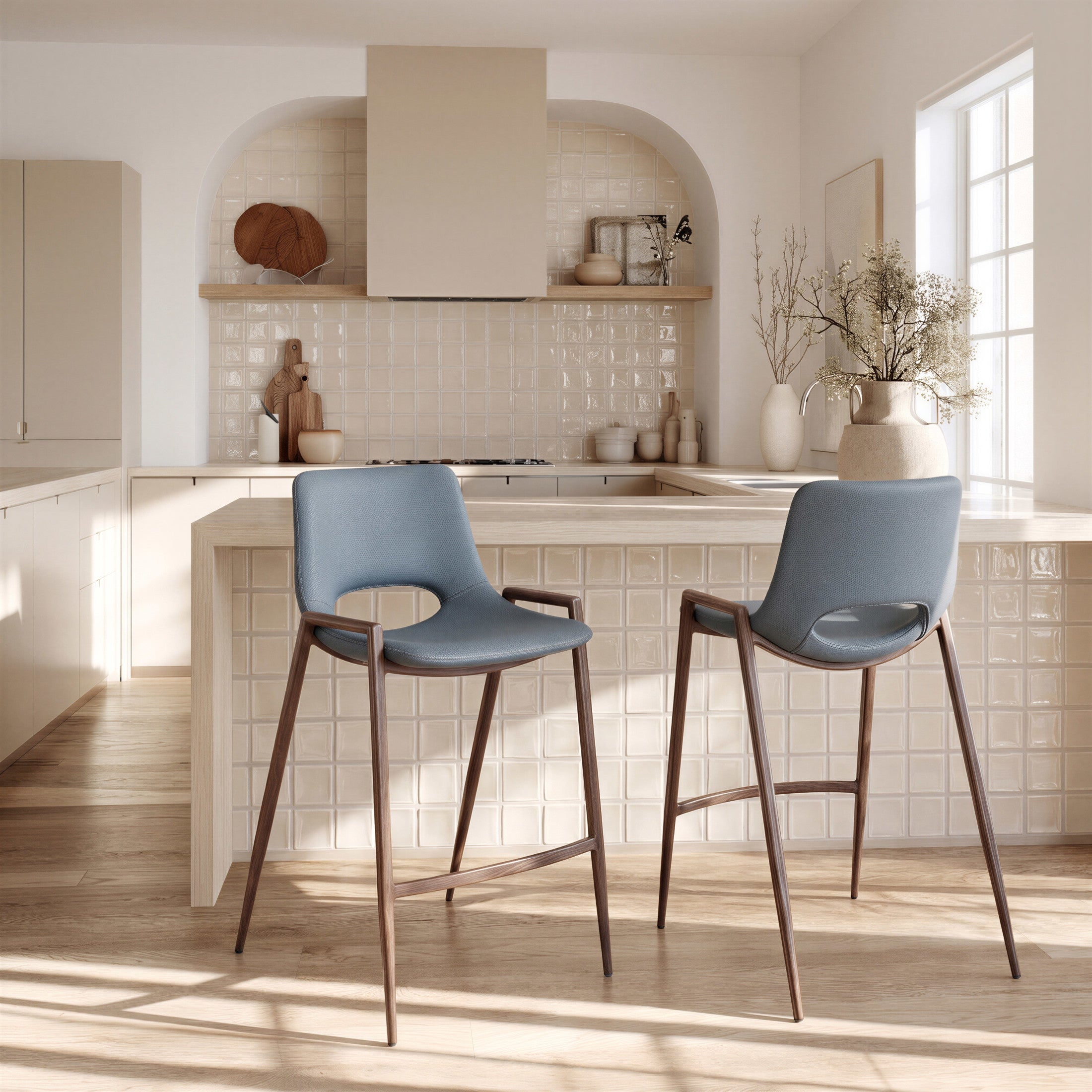 Desi Counter Stool (Set of 2) Azure Gray & Walnut